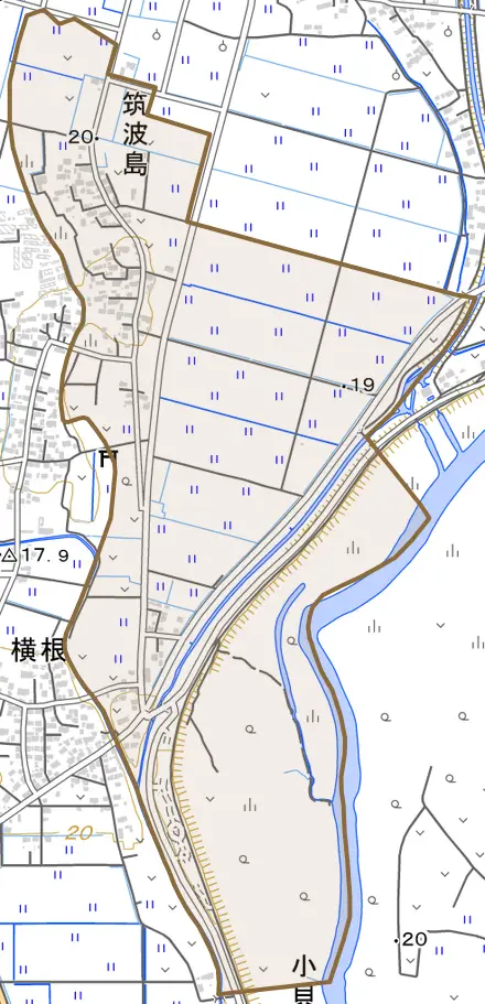 筑波島とその周辺の地図。町の範囲を重ねている