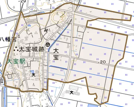 大宝とその周辺の地図。町の範囲を重ねている