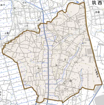 江とその周辺の地図。町の範囲を重ねている