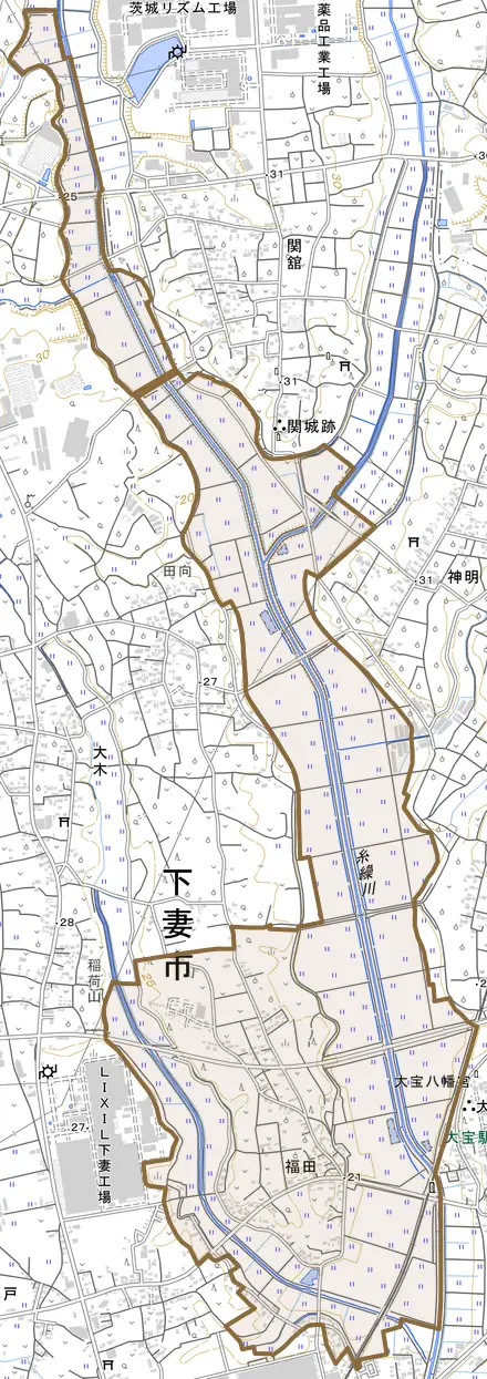 福田とその周辺の地図。町の範囲を重ねている
