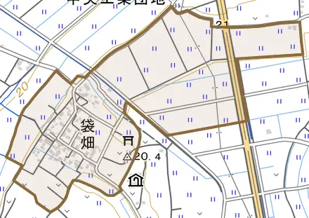 袋畑とその周辺の地図。町の範囲を重ねている