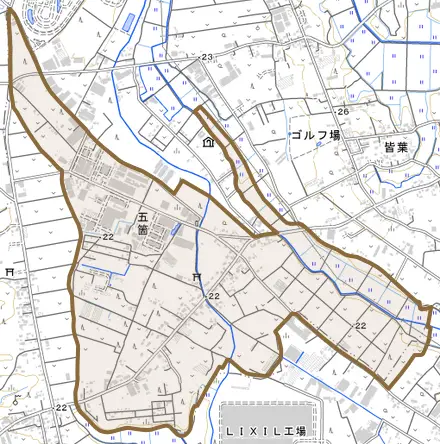五箇とその周辺の地図。町の範囲を重ねている
