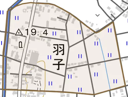 羽子とその周辺の地図。町の範囲を重ねている