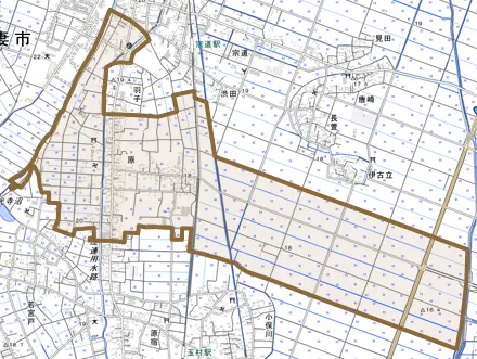 原とその周辺の地図。町の範囲を重ねている