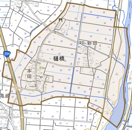 樋橋とその周辺の地図。町の範囲を重ねている