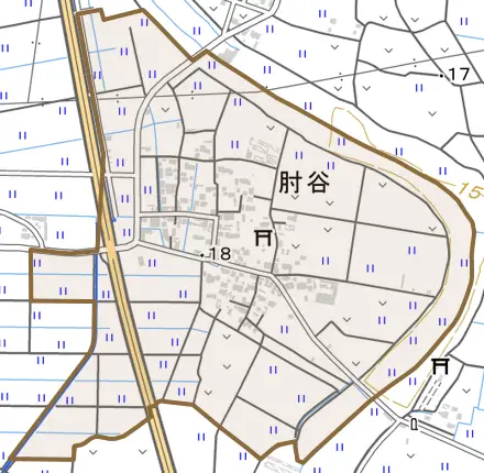 肘谷とその周辺の地図。町の範囲を重ねている