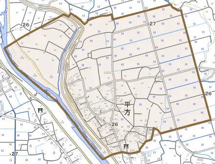 平方とその周辺の地図。町の範囲を重ねている