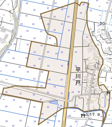 平川戸とその周辺の地図。町の範囲を重ねている
