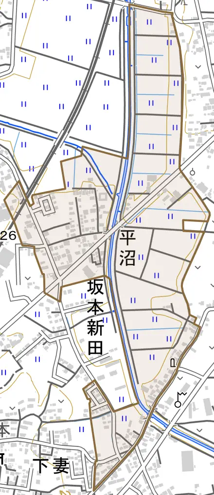 平沼とその周辺の地図。町の範囲を重ねている