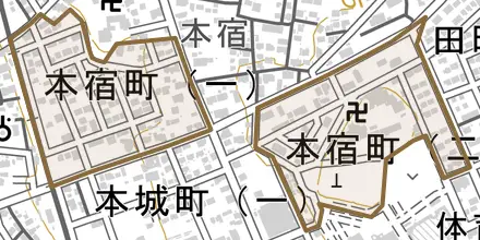 本宿町とその周辺の地図。町の範囲を重ねている