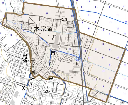 本宗道とその周辺の地図。町の範囲を重ねている