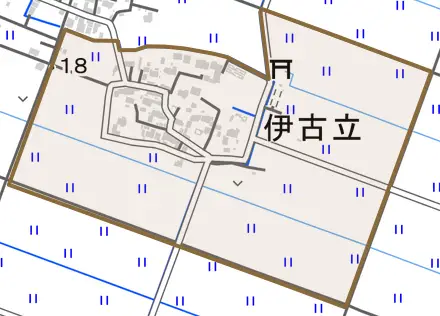 伊古立とその周辺の地図。町の範囲を重ねている