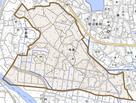 今泉とその周辺の地図。町の範囲を重ねている