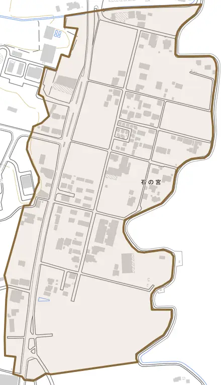 石の宮とその周辺の地図。町の範囲を重ねている