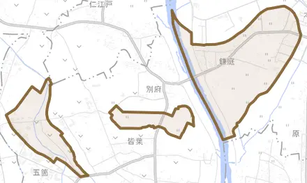 鎌庭とその周辺の地図。町の範囲を重ねている