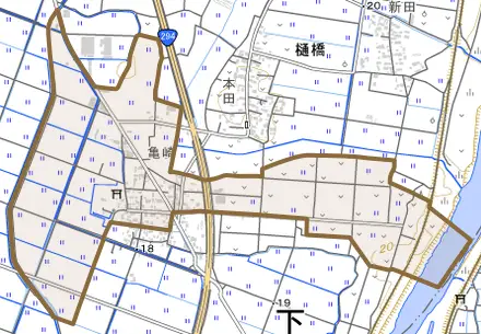 亀崎とその周辺の地図。町の範囲を重ねている
