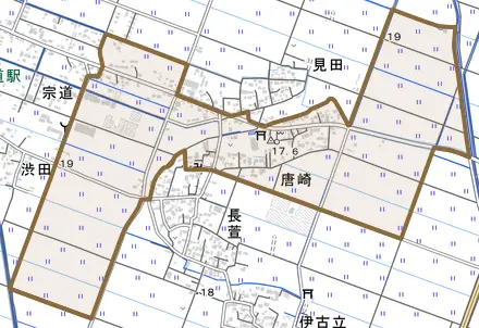 唐崎とその周辺の地図。町の範囲を重ねている