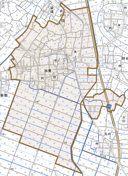 加養とその周辺の地図。町の範囲を重ねている