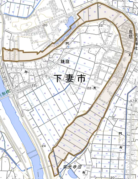 鬼怒とその周辺の地図。町の範囲を重ねている