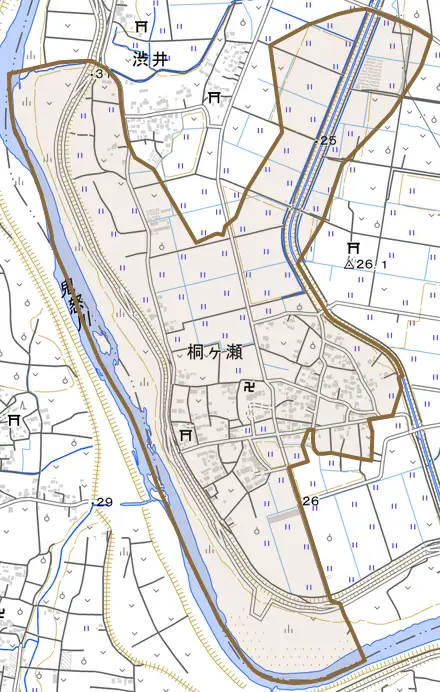 桐ケ瀬とその周辺の地図。町の範囲を重ねている