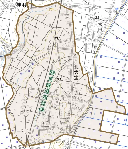 北大宝とその周辺の地図。町の範囲を重ねている