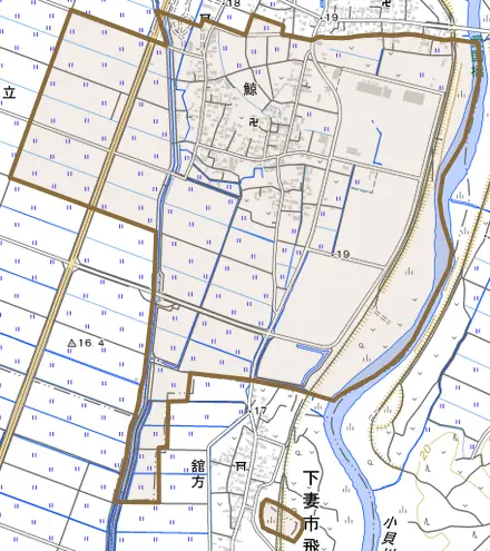 鯨とその周辺の地図。町の範囲を重ねている