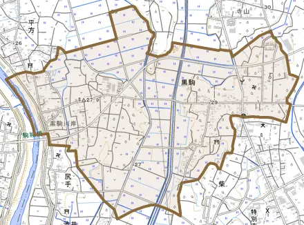 黒駒とその周辺の地図。町の範囲を重ねている