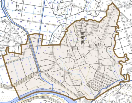 前河原とその周辺の地図。町の範囲を重ねている