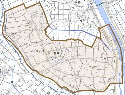 皆葉とその周辺の地図。町の範囲を重ねている