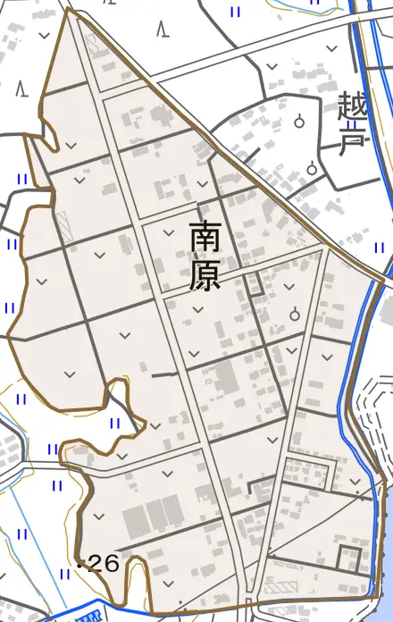 南原とその周辺の地図。町の範囲を重ねている
