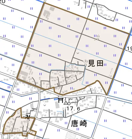 見田とその周辺の地図。町の範囲を重ねている