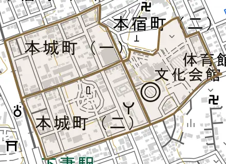 本城町とその周辺の地図。町の範囲を重ねている