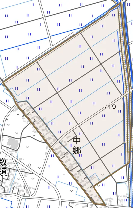 中郷とその周辺の地図。町の範囲を重ねている
