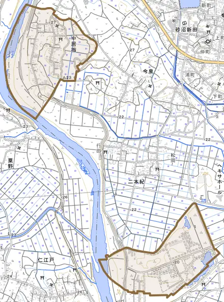 中居指とその周辺の地図。町の範囲を重ねている