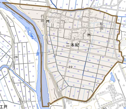 二本紀とその周辺の地図。町の範囲を重ねている