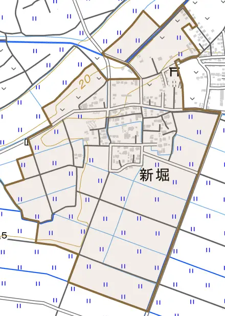 新堀とその周辺の地図。町の範囲を重ねている