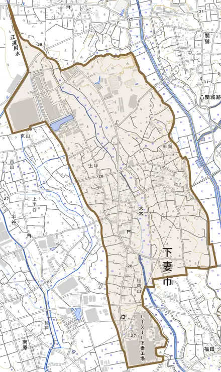 大木とその周辺の地図。町の範囲を重ねている