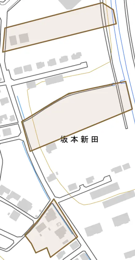 大木新田とその周辺の地図。町の範囲を重ねている