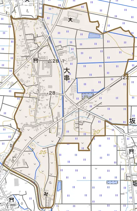 大串とその周辺の地図。町の範囲を重ねている