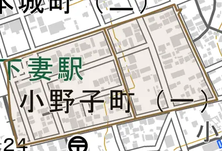 小野子町とその周辺の地図。町の範囲を重ねている