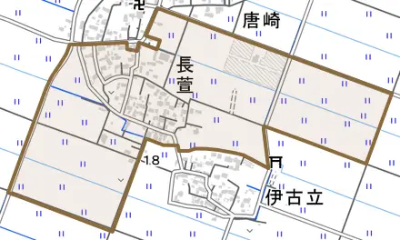 長萱とその周辺の地図。町の範囲を重ねている