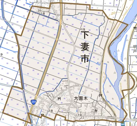 大園木とその周辺の地図。町の範囲を重ねている