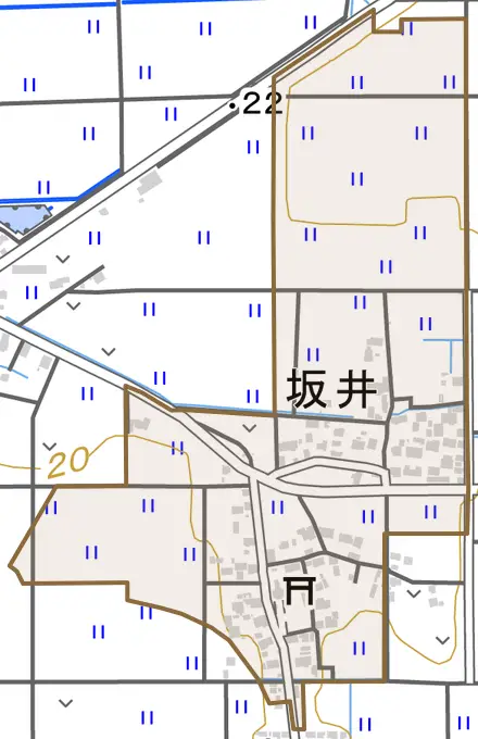 坂井とその周辺の地図。町の範囲を重ねている
