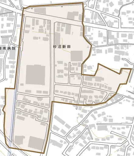 砂沼新田とその周辺の地図。町の範囲を重ねている