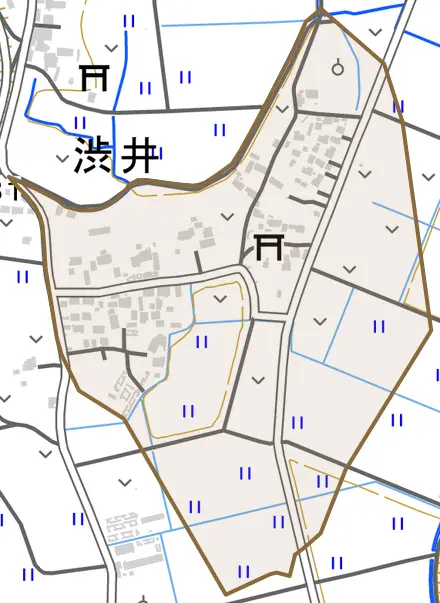 渋井とその周辺の地図。町の範囲を重ねている