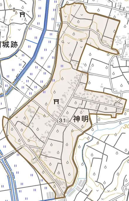 神明とその周辺の地図。町の範囲を重ねている