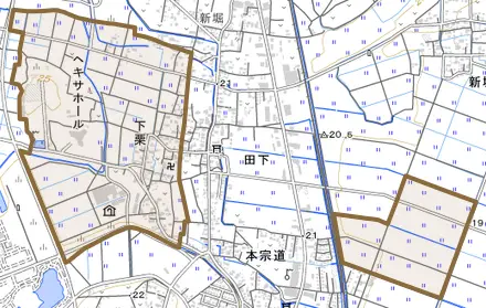 下栗とその周辺の地図。町の範囲を重ねている