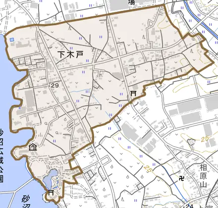 下木戸とその周辺の地図。町の範囲を重ねている