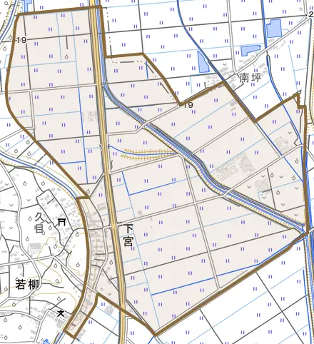 下宮とその周辺の地図。町の範囲を重ねている