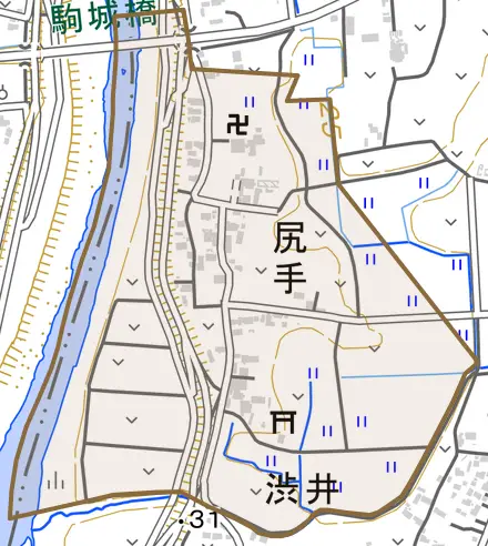 尻手とその周辺の地図。町の範囲を重ねている